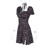 Women's Summer Floral Puff Sleeve Sexy Low Back Dress For Women