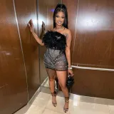 See-Through Slim Feather Beaded Sleeveless Strapless Bodycon Dress