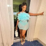 See-Through Slim Feather Beaded Sleeveless Strapless Bodycon Dress