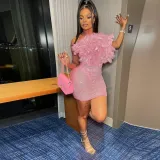 See-Through Slim Feather Beaded Sleeveless Strapless Bodycon Dress