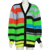 Summer Women's Fashion Contrast Stripe Long Sleeve Cardigan Fleece Loose Casual Top