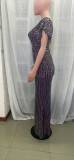 Short Sleeve Ruffle Elastic Maxi Dress Shiny Sequins Double V Neck Women's Floor-Member Mermaid Evening Gown
