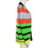 Summer Women's Fashion Contrast Stripe Long Sleeve Cardigan Fleece Loose Casual Top