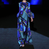 Spring Summer Women's Blue Mid-Rise Printed Dress Chic Maxi Dress