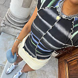 Summer Print Stripe Insert Short Sleeve Round Neck Slim Fit T-Shirt Women's Clothing