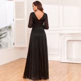 Women See-Through Long Sleeve V-Neck Slit Maxi Dress