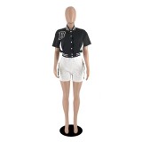 Women Summer Contrast Pocket Baseball Top and Shorts Sports Two-Piece Set