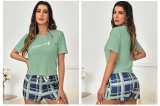 Women Summer Loungewear  Round Neck Printed Short Sleeve T-shirt and Plaid Shorts Two-piece Set