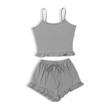 Women Solid Stripe Sleeveless Sleevelee Top and Shorts Two-Piece Set