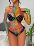 Women Cutout Fishnet Long Sleeve Rainbow Collection Sexy Lingerie Two Pieces