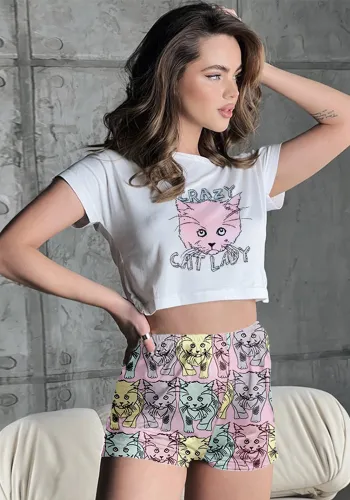 Women Summer Loungewear Round Neck Printed Short Sleeve Crop T-shirt and Shorts Two-piece Set