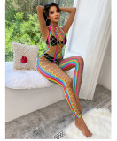 Women Stretch See-Through Rainbow Swimsuit Cutout Fishnet Sexy Lingerie