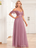 Women Elegant Strap Off Shoulder Sleeves Double V Neck Tulle Patchwork Embroidery Sequin Party Evening Dress