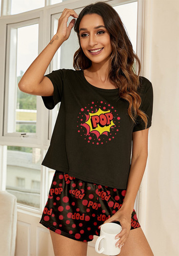 Women Summer Loungewear  Round Neck Printed Short Sleeve T-shirt and Shorts Two-piece Set