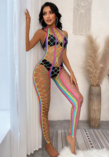 Women Stretch See-Through Rainbow Swimsuit Cutout Fishnet Sexy Lingerie