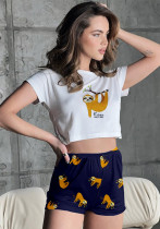 Women Summer Loungewear Round Neck Printed Short Sleeve Crop T-shirt and Shorts Two-piece Set