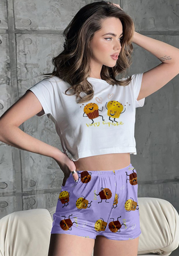 Women Summer Loungewear Round Neck Printed Short Sleeve Crop T-shirt and Shorts Two-piece Set