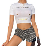 Women's Summer Printed Round Neck Skinny Short Sleeve Cropped T-Shirt Top