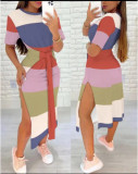 Summer Round Neck Geometric Print Bodycon Dress Women's