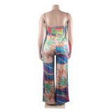 Sexy printed straps metal chain wide legs Jumpsuit