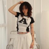 Street trend sexy letter print black and white contrast color short sleeve top women's summer T-shirt
