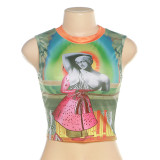 Summer Women's Round Neck Sleeveless Contrasting Color Printing Slim Fit Crop Vest for Women