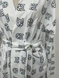 Loose Long Sleeve Ladies Print Casual Tie Pajamas High Waist Shorts Set