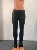 Women's sexy slim-fit slightly flared slit Casual pu Leather trousers