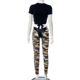Women's street strap top camouflage PU leather stitching tight trousers casual Two Piece Set
