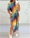 Summer Round Neck Geometric Print Bodycon Dress Women's