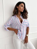 Autumn long-sleeved v-neck pocket striped printed shirt for women