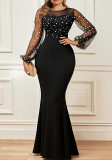 Mesh Patchwork Dress Women's Fashion Round Neck Long Sleeves Slim Elegant Dress Maxi Dress