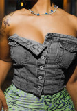 Damen Sommermode Street Trend Denim Elastic Wrap Button Top