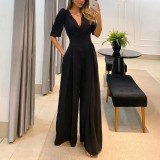Fall Casual Women's Solid Color High Waist Ladies Wide Leg Jumpsuit