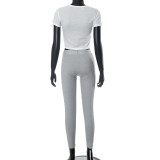 Women's spring and summer  pocket top tight trousers sports color contrast Two Piece Set