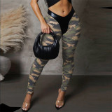Women's street strap top camouflage PU leather stitching tight trousers casual Two Piece Set