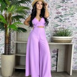 Fashionable Spring BeautySleeveless Fashion Casual Solid Straps Top Wide Leg Pants two piece set