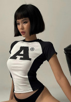 Street-Trend, sexy Buchstabendruck, Schwarz-Weiß-Kontrastfarbe, kurzärmliges Oberteil für Damen, Sommer-T-Shirt