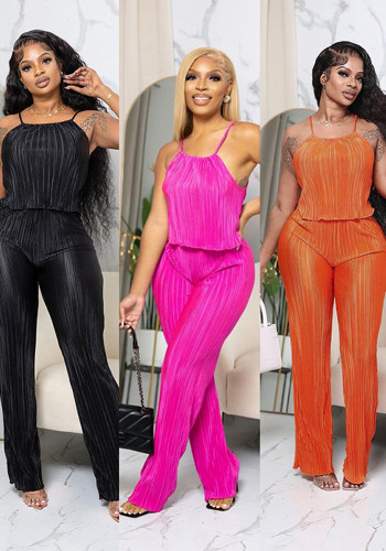 Women's Summer Pleated Solid Color Camisole Top Wide Leg Trousers Casual Two Piece Set
