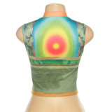 Summer Women's Round Neck Sleeveless Contrasting Color Printing Slim Fit Crop Vest for Women