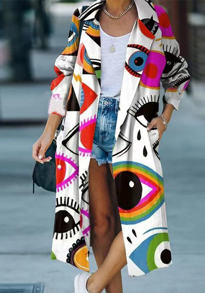 Fashion geometric printed colorful deals loose woolen long coat