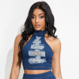 Women Stretch Ripped Strapless Denim Top and Denim Shorts Set of Two