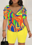 Women Contrasting Color Bandage Print Short Sleeve Top and Shorts Two-Piece Set
