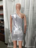 Fashion one-shoulder asymmetric pu Bodycon sexy nightclub dress