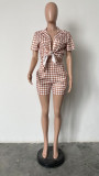Women Casual Check Print Top and Shorts Two-Piece Set