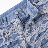 WomenSummer Solid Casual Button Ripped Tassel Denim Shorts