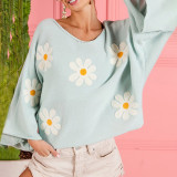 Women V-Neck Flower Embroidered Oversized Sweater