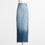Women Blue Gradient High Waisted Bodycon Slit Skirt