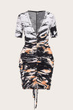 Women V-Neck Short Sleeve Printed Bodycon Dress