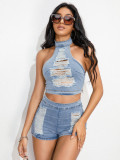 Women Stretch Ripped Strapless Denim Top and Denim Shorts Set of Two